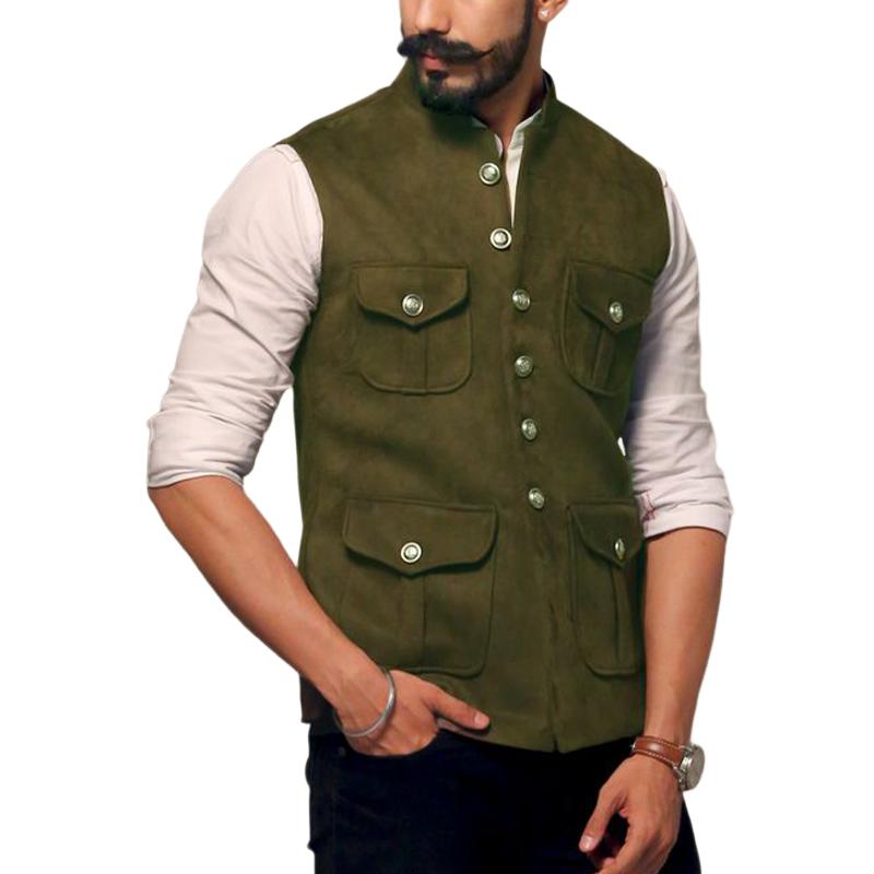 Men's Army Green Suede Stand Collar Vest 97888335U