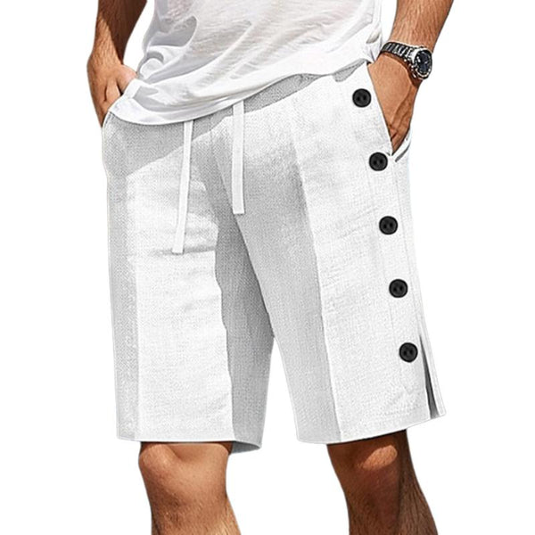 Men's Casual Cotton Linen Elastic Waist Button Decoration Shorts 08528675M