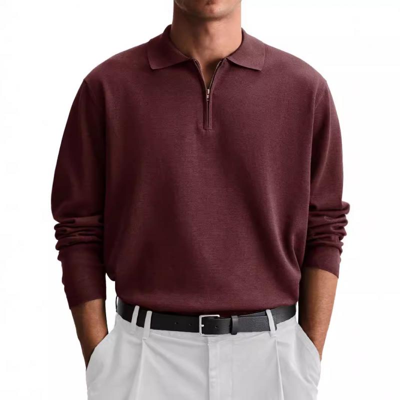 Men's Casual Solid Color Half Zip Lapel Loose Long Sleeve Polo Shirt 70361886M