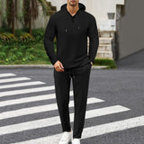 Men's Casual Solid Color Waffle Loose Hoodie Sports Pants Set 18828417M