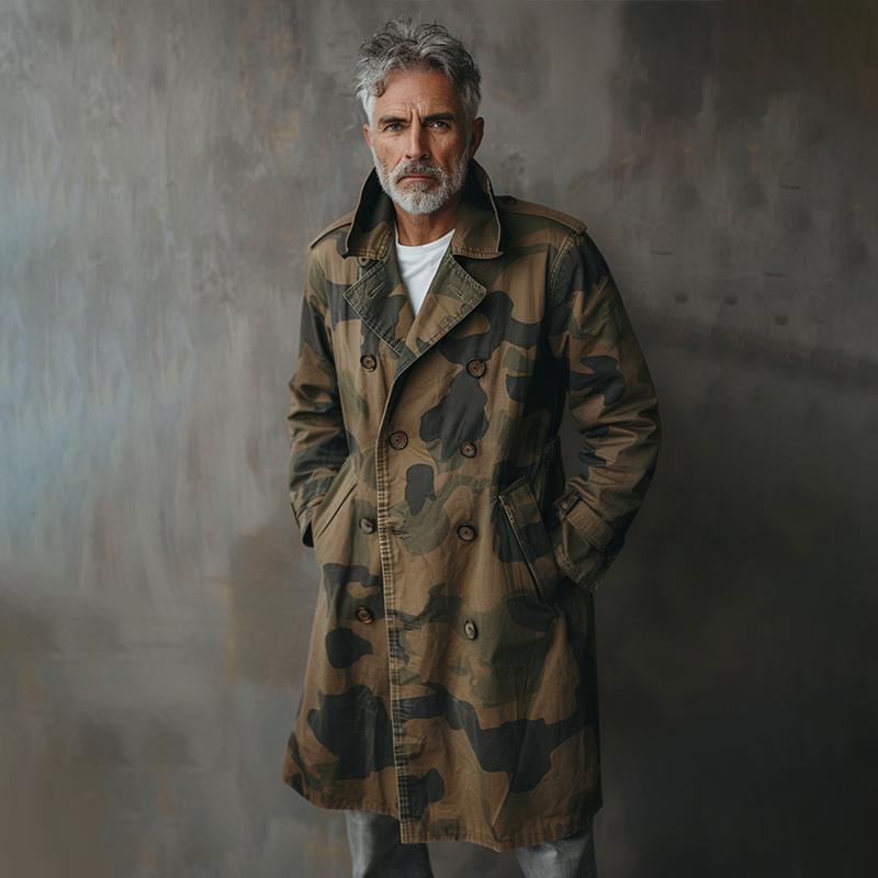 【24-Stunden-Versand】Herren Camouflage Revers Zweireihiger mittellanger Cargo-Trenchcoat 89189358Z