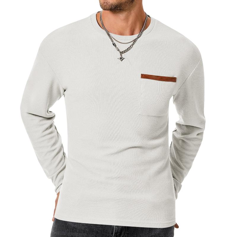 Men's Casual Waffle Round Neck Patch Pocket Slim Fit Long Sleeve T-Shirt 39943180M