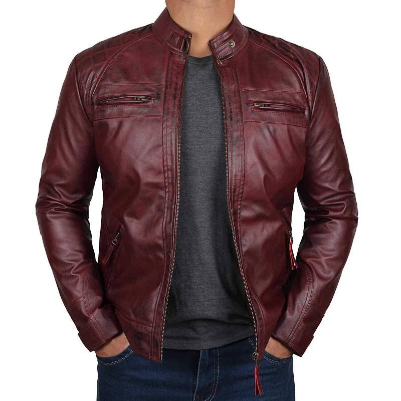 Men's Vintage Stand Collar Zipper Slim Fit Leather Biker Jacket 91469173M