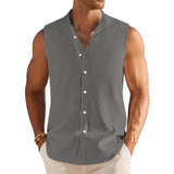 Men's Casual Cotton Linen Stand Collar Solid Color Sleeveless Shirt 99536124M