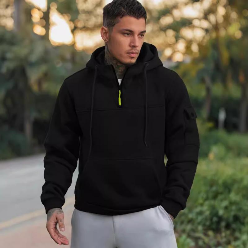 Men's Casual Solid Color Multi-Pocket Half-Zip Hooded Long Sleeve Sweatshirt 12108131Y