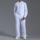 Men's Solid Cotton And Linen Henley Collar Long Sleeve Shirt Trousers Casual Set 18150687Z