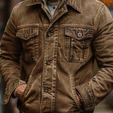 Men's Vintage Washed Denim Lapel Single Breasted Slim Fit Long Sleeve Jacket 68036256M