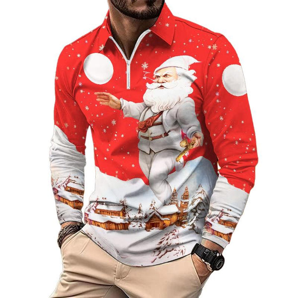 Men's Retro Casual Christmas Floral Print Long Sleeve Polo Shirt 58581024TO