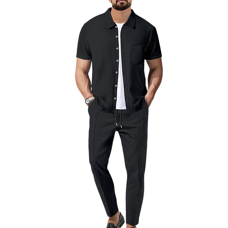 Ensemble chemise à manches courtes et pantalon gaufré de couleur unie pour hommes 59383797X