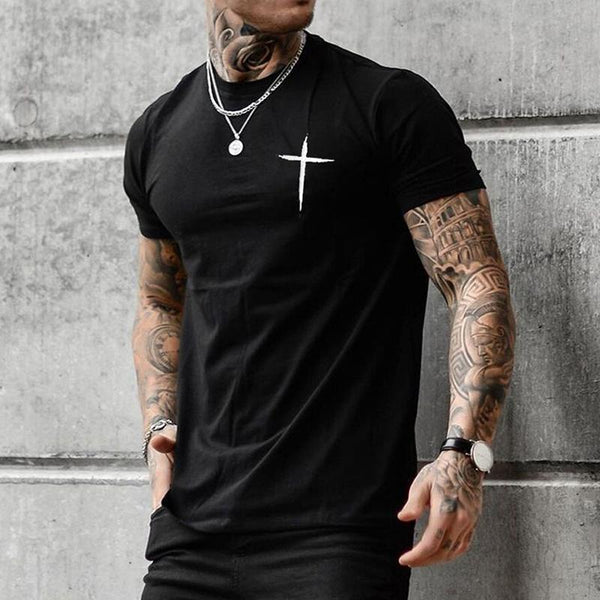Men's Fashion Cross Print Round Neck Short Sleeve T-shirt 01178488Z