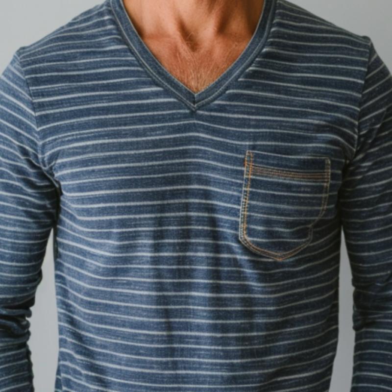 Men's Casual V-neck Striped Patch Pocket Slim Fit Long Sleeve T-shirt 15419337M