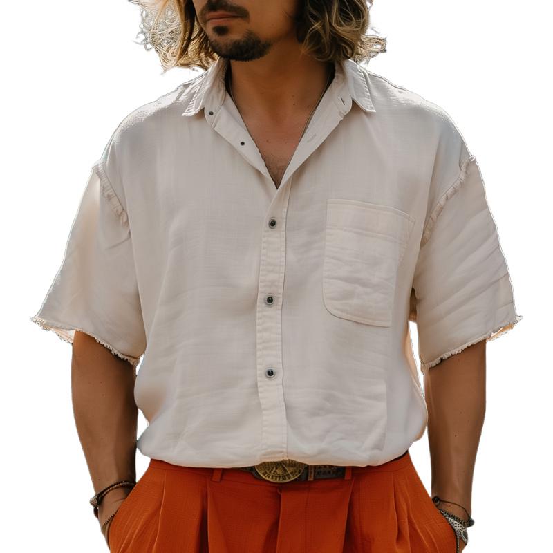 Herren Freizeithemd aus Baumwolle und Leinen mit Revers und Brusttasche, kurzärmelig, 53959065Z