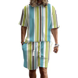 Men's Printed Striped Short-sleeved Shorts Two-piece Set 42130207X