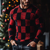 Men's Christmas Red and Black Check Crew Neck Slim Fit Sweater 40613348Y