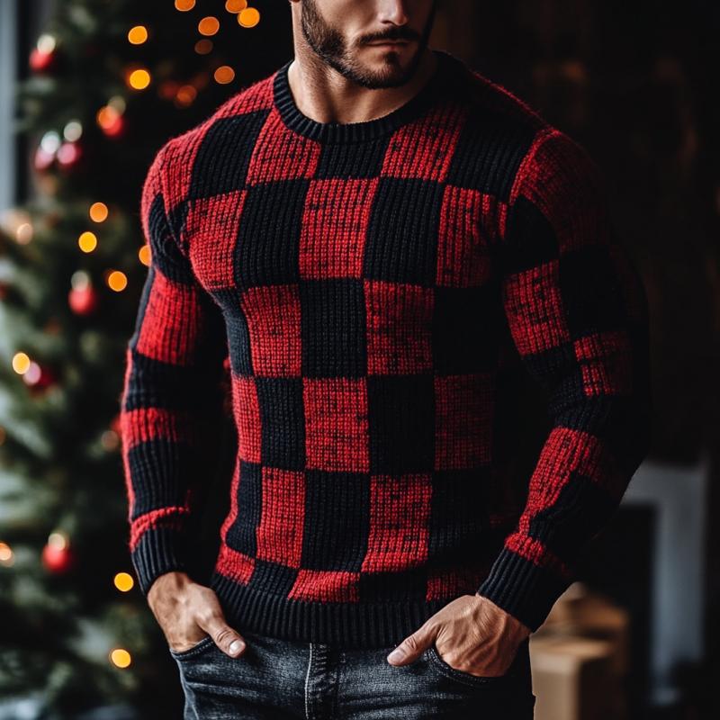 Men's Christmas Red and Black Check Crew Neck Slim Fit Sweater 40613348Y