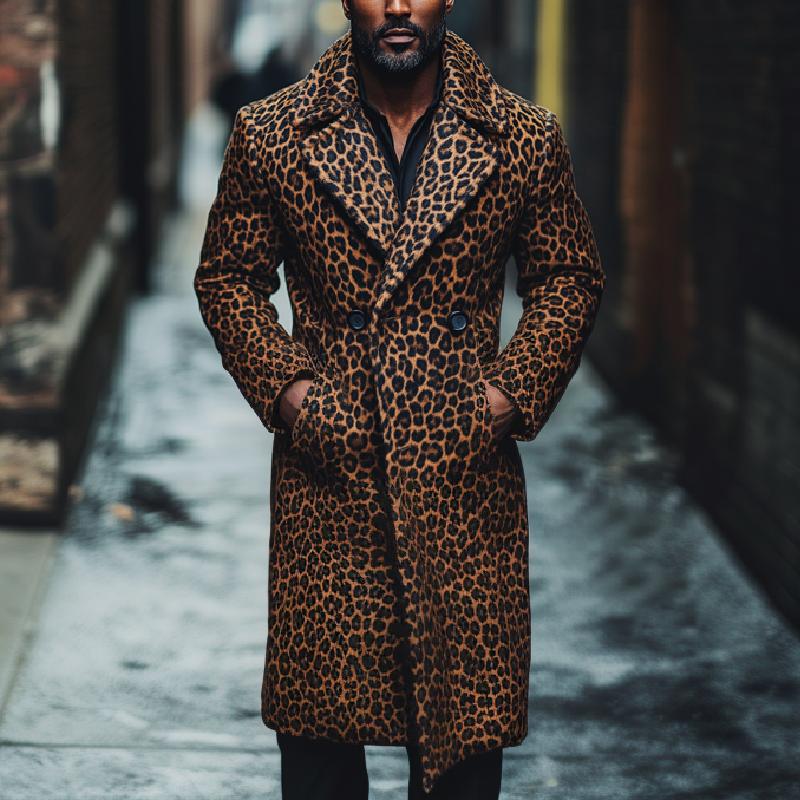 Men's Classic Long Lapel Leopard Print Wool Coat 44060055F