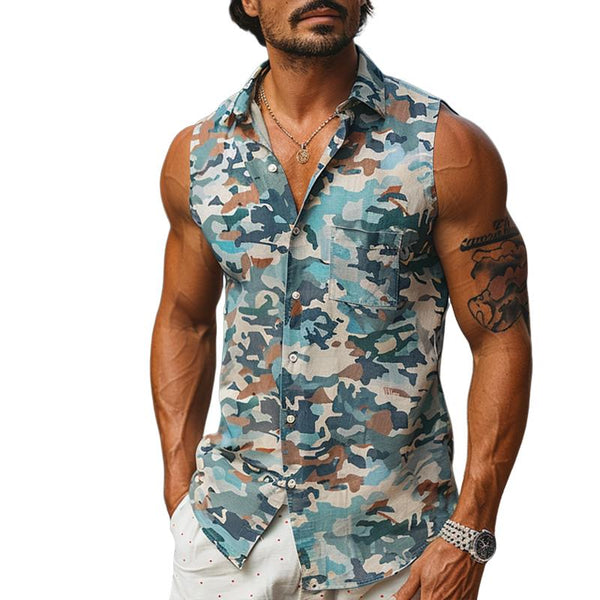 Men's Camo Print Lapel Chest Pocket Sleeveless Shirt 09988412Y