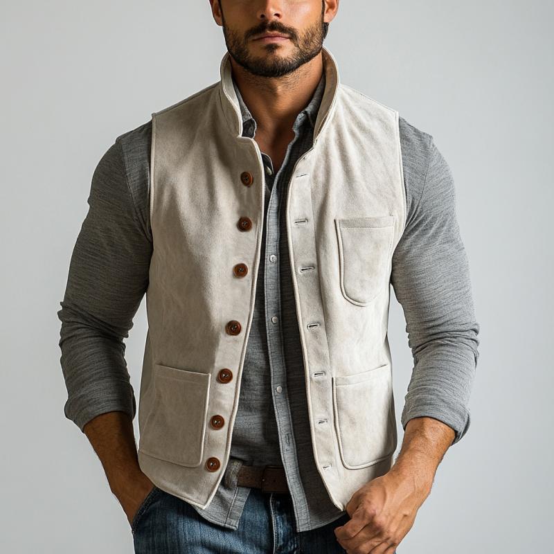 Men's Vintage Suede Multi-Pocket Single Breasted Vest 38578345Y