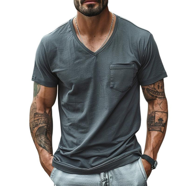 Men's Casual V-Neck Cotton Blend Patch Pocket Short Sleeve T-Shirt 63314600M