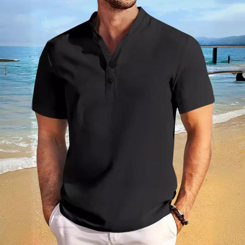 Men's Casual Cotton Linen Blend Henley Collar Short Sleeve Shirt 24699260M