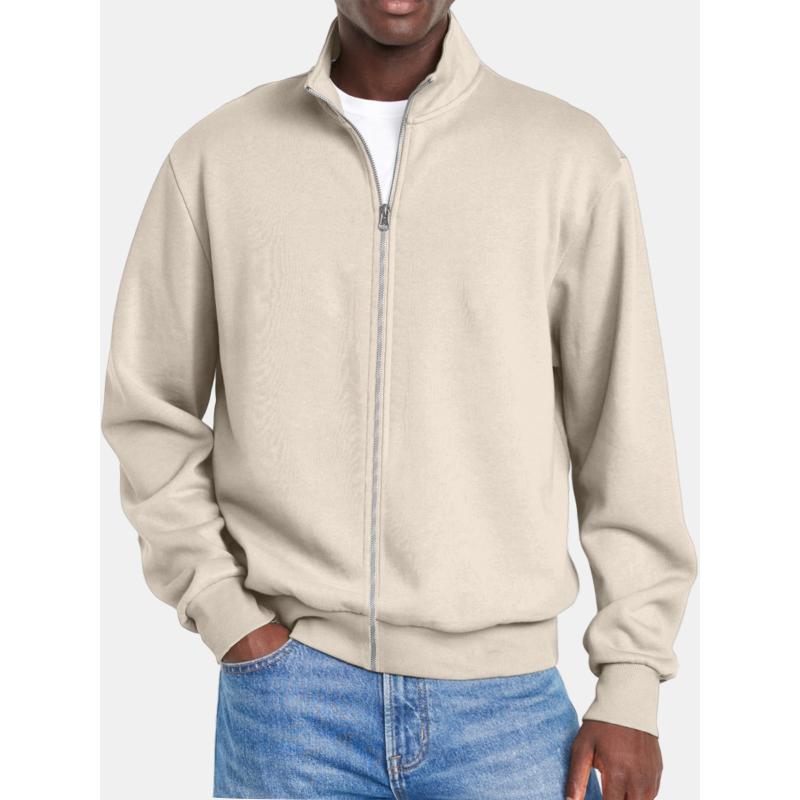 Men's Solid Color Zipper Stand Collar Long Sleeve Sweatshirt Jacket 58782049Y