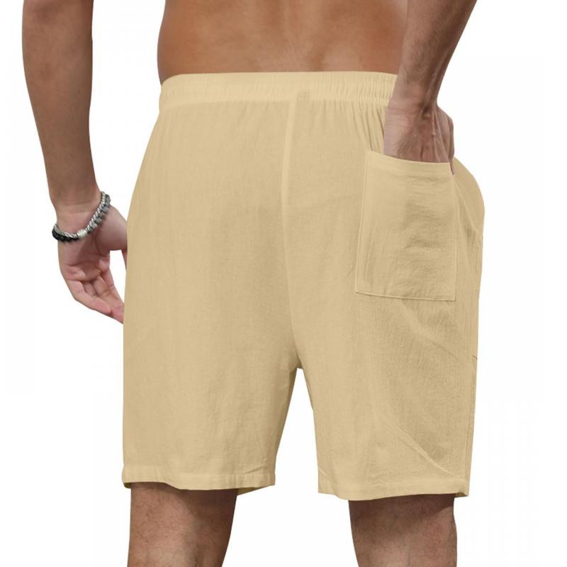 Men's Solid Color Cotton And Linen Beach Drawstring Shorts 66870843Y