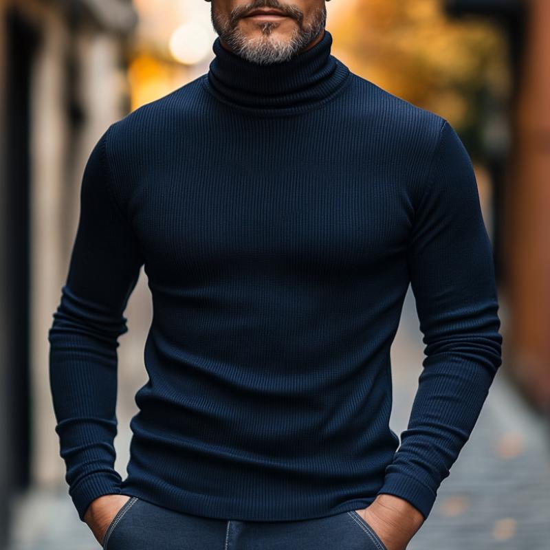 Men's Slim Fit Solid Color High Collar Ribbed Bottom Long Sleeve T-shirt 29955115F