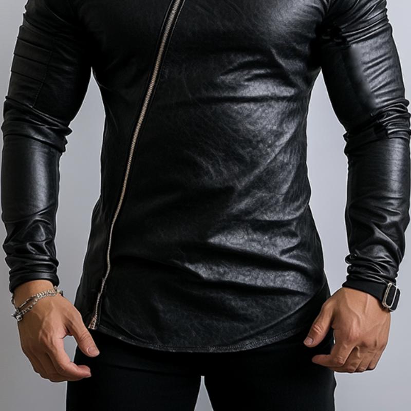 Men's Stylish Round Neck Zippered Placket Slim Fit leather long sleeve T-shirt 69310680K