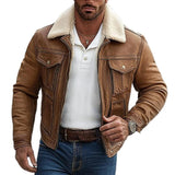 Men's Classic Vintage Casual Lambswool Collar Multi-Pocket Leather Jacket 36507496K