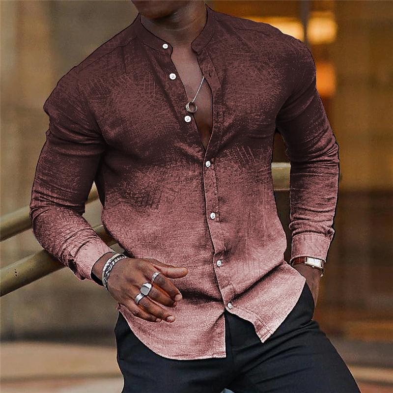 Men's Casual Stand Collar Gradient Print Slim Fit Long Sleeve Shirt 75177745M