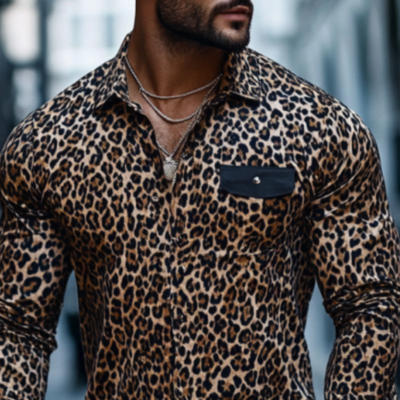 Men's Casual Fashion Print Leopard Pocket Slim Fit Long Sleeve Shirt 82339907K