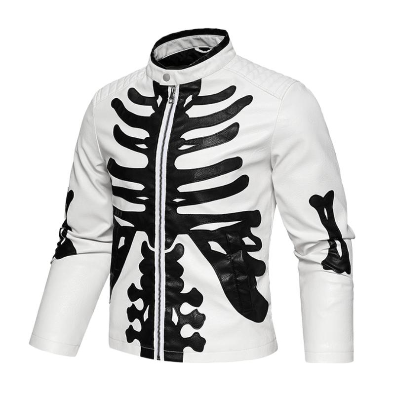 Men's Stylish Contrast Color Skull Embroidered Stand Collar Motorcycle Leather Jacket 86202456M