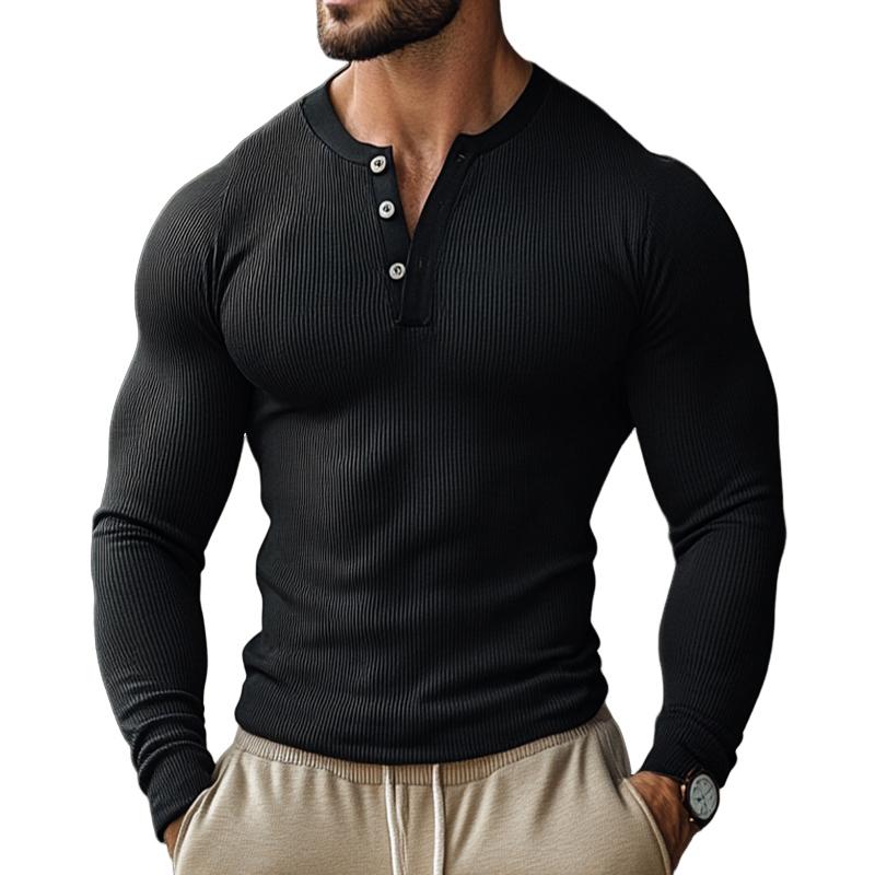 Men's Vintage Casual Solid Color Henley Neck Long Sleeve T-Shirt 93332550TO