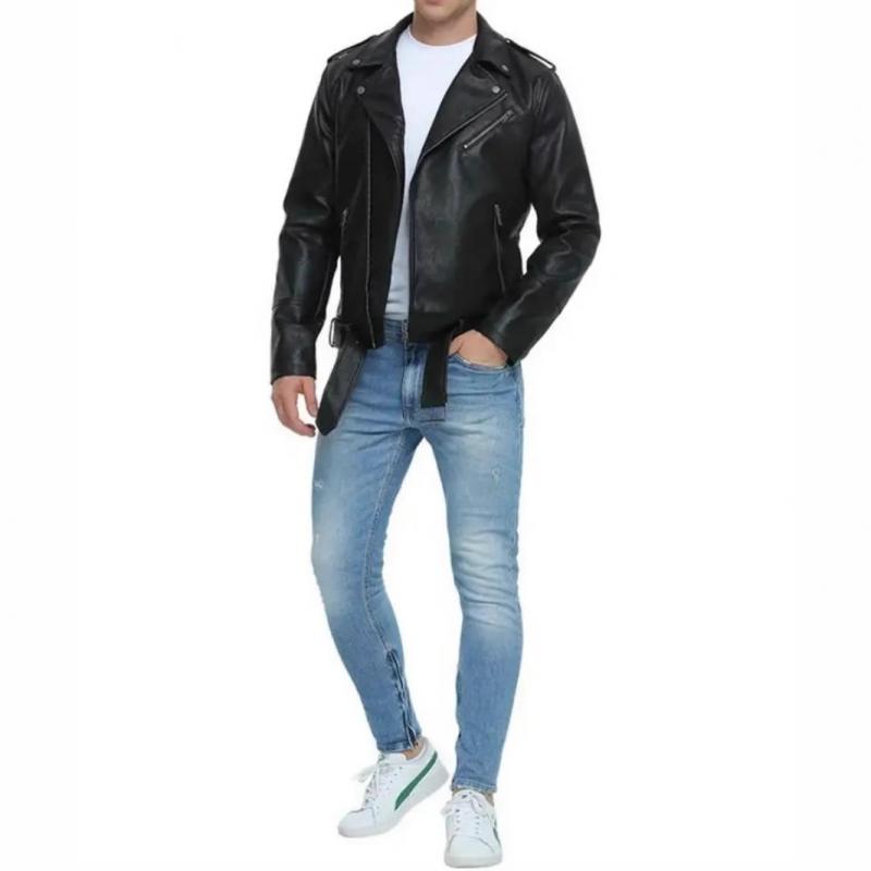 Men's Stylish Notch Lapel Zip-up Leather Motorcycle Jacket 42941184M