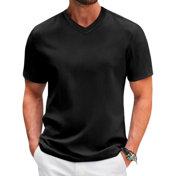 Men's Solid Color Textured Fabric V-Neck Short-Sleeved T-Shirt 78497234Y