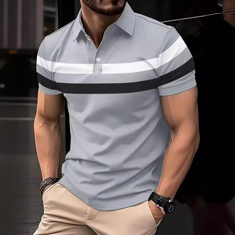 Men's Casual Contrast Striped Lapel Slim Fit Short Sleeve Polo Shirt 84713133M