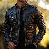 Men's Casual Multi-pocket Stand Collar Leather Jacket 74868345F