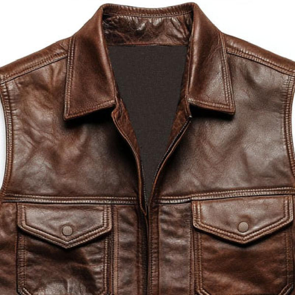 Men's Vintage Leather Lapel Zipper Multi-Pocket Vest 56125631M