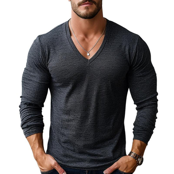 Men's Casual Cotton Linen Blended V-Neck Slim Long Sleeve T-Shirt 87605949M