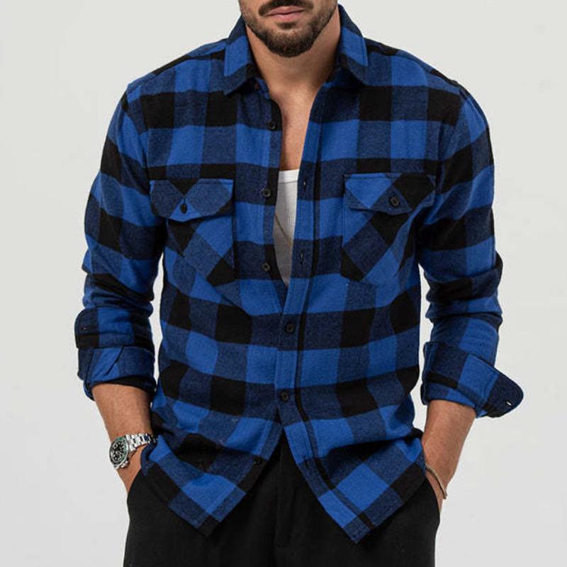 Men's Retro Casual Plaid Pocket Lapel Long Sleeve Shirt 62039387TO