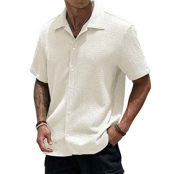 Men's Casual Solid Color Pleated Lapel Slim Fit Short Sleeve Shirt 30281622M