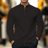 Men's Casual Solid Color Waffle Stand Collar Zipper Long Sleeve Polo Shirt 89122825Y