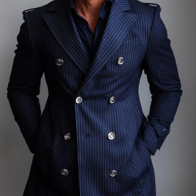 Men's Vintage Striped Double Breasted Mid-Length Trench Coat 00061794Y