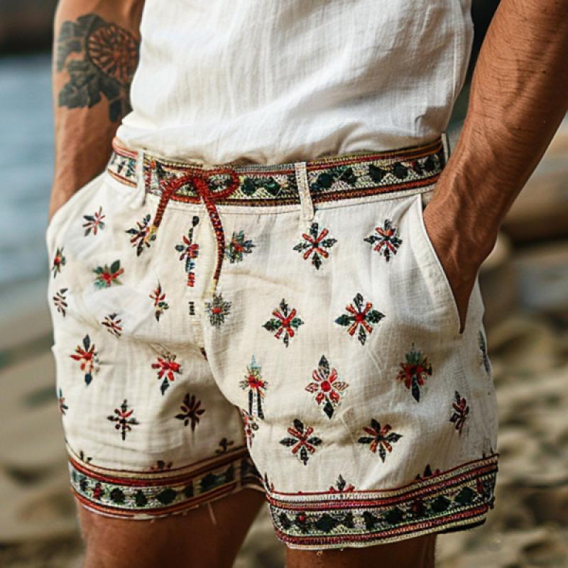 Men's Vintage Print Elastic Waist Vacation Shorts 16466073M
