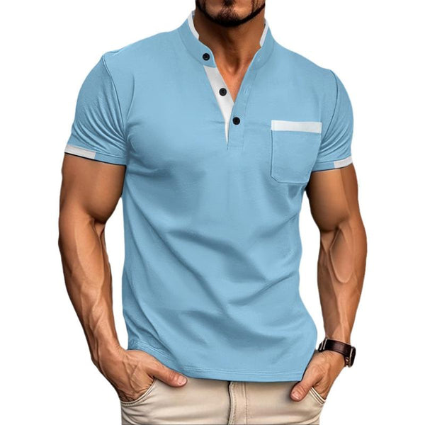 Men's Casual Contrast Color Stand Collar Patch Pocket Slim Fit Short Sleeve T-shirt 60388856M