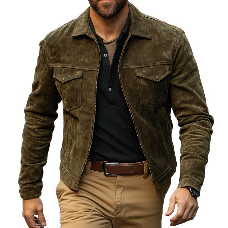 Men's Solid Color Suede Lapel Zipper Jacket 24421694Z