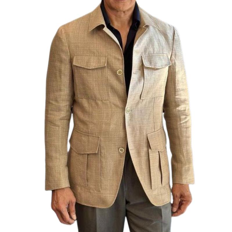 Men's Casual Cotton Linen Lapel Multi-pocket Safari Jacket 71673515M