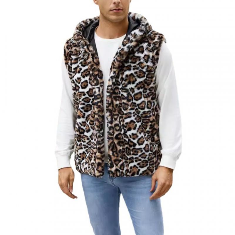 Men's Casual Faux Fur Hooded Leopard Vest 22259889Y