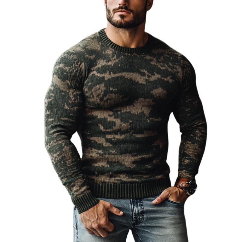 Men's Vintage Camouflage Jacquard Slim Fit Crew Neck Sweater 09493676Y