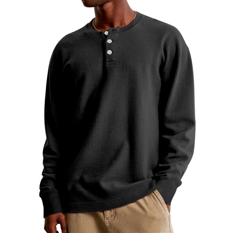 Men's Casual Waffle Henley Collar Loose Long Sleeve T-Shirt 05130911M